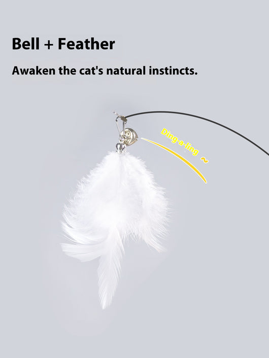 Lemon yellow electric cat toy tumbler with a white feather teaser and two teal worm-like replacement heads. - Image 10