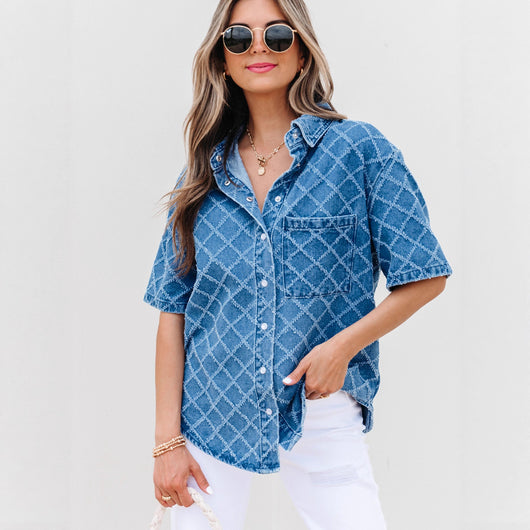 Camisa de Mezclilla con Estampado Cuadros para Mujer - Image 3