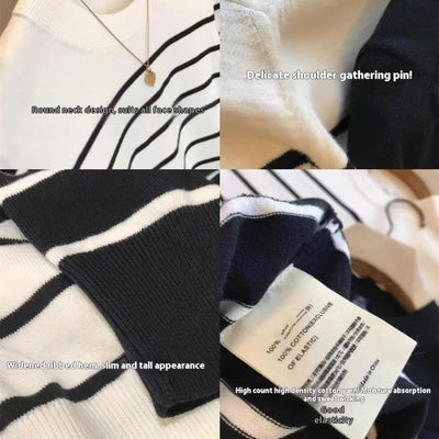 Blusa Tejida de Rayas con Cuello Redondo y Manga Corta para Mujer - Image 2