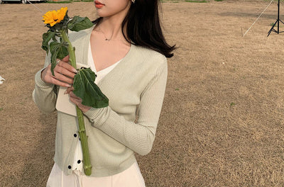 Cardigan Tejido Falsa Dos Piezas Mujer Cuello V Manga Larga - Image 26