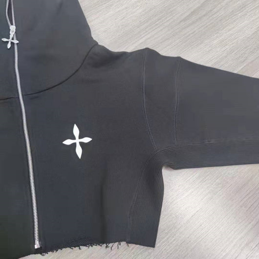 Chaqueta Hoodie Cropped Suelta con Cierre y Manga Larga - Image 13