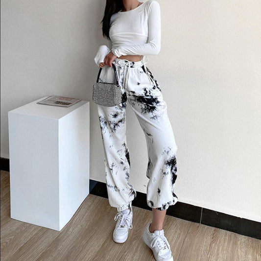 Pantalones Casuales Tie-dye Cintura Alta Ajustados para Mujer