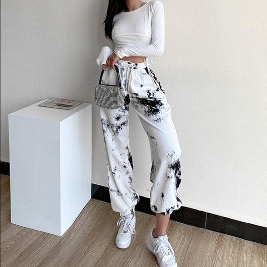 Pantalones Casuales Tie-dye Cintura Alta Ajustados para Mujer