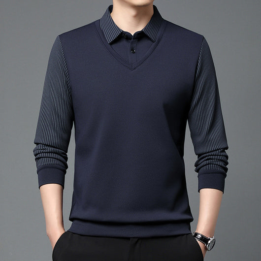 Playera Casual de Negocios con Efecto Dos Piezas y Mangas Rayadas - Image 3