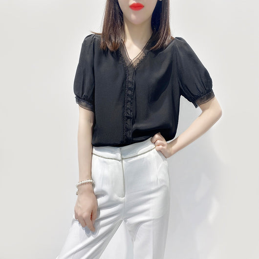 Blusa Suelta con Cuello V y Mangas Abullonadas - Diseño Exclusivo en Encaje - Image 12