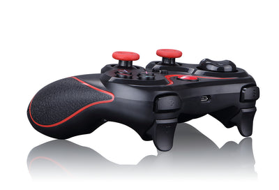 Black wireless Bluetooth gamepad with red accents, featuring a D-pad, analog sticks, and face buttons, shown with a detachable black smartphone clip. - Image 3