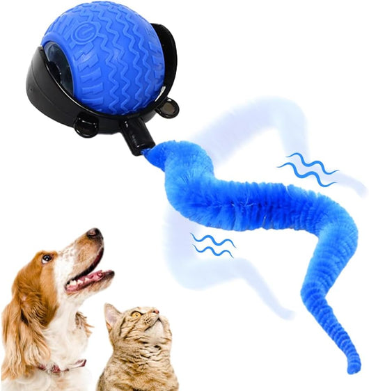Interactive blue pet ball toy with a fuzzy worm attachment, captivating a brown dog and a tabby cat. - Image 8