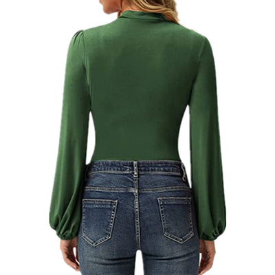Blusa Manga Linterna Cuello Alto Colores Sólidos para Mujer - Image 4