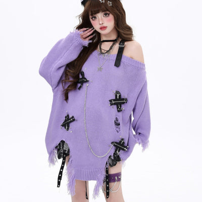 Suéter Holgado Desgarrado con Hombros Descubiertos y Flecos para Mujer Otoño Invierno - Image 3