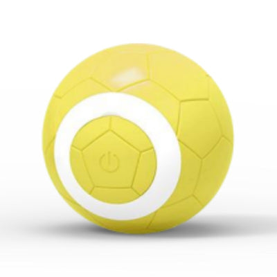 Yellow electric pet toy ball with a soccer ball pattern and a white ring around a central power button. - Image 7