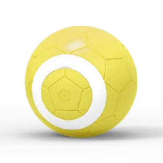 Yellow electric pet toy ball with a soccer ball pattern and a white ring around a central power button. - Image 7