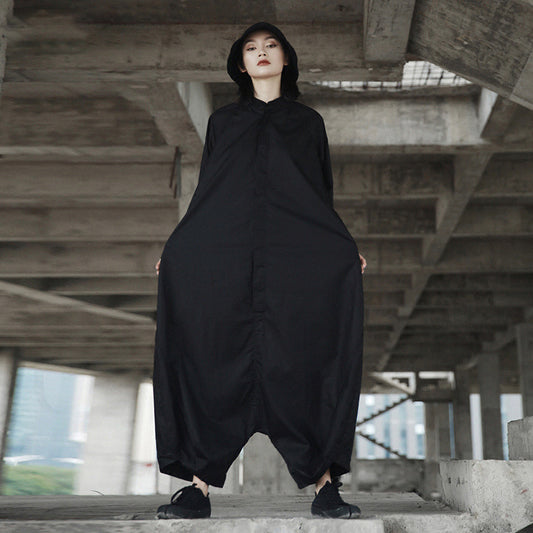 Jumpsuit Negro Suelto para Mujer con Mangas Murciélago