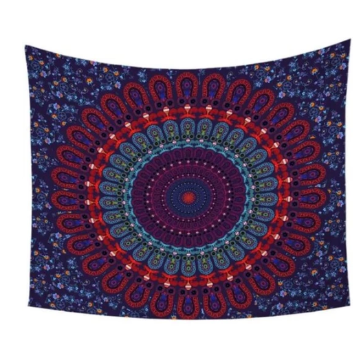 Blue Vanitas Mandala Tapestry with vibrant red, purple, and teal intricate patterns, perfect for wall decor.