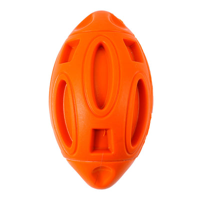 Orange rubber dog toy shaped like a rugby ball with hollowed-out sections, designed for wear-resistant chewing. - Image 10