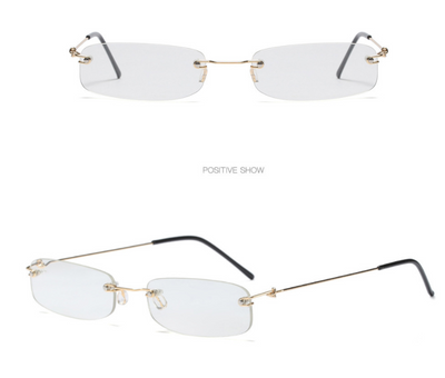 Rimless trendy sunglasses with rectangular orange lenses and gold-tone metal frames, featuring black temple tips. - Image 18