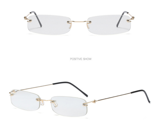 Rimless trendy sunglasses with rectangular orange lenses and gold-tone metal frames, featuring black temple tips. - Image 18