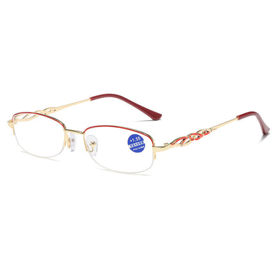 Gold half-rim anti-blue light reading glasses with red decorative temples and +1.50 magnification. - Image 4