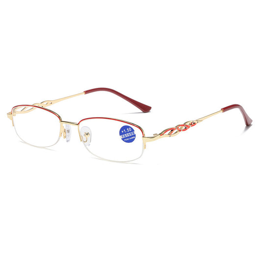 Gold half-rim anti-blue light reading glasses with red decorative temples and +1.50 magnification. - Image 4