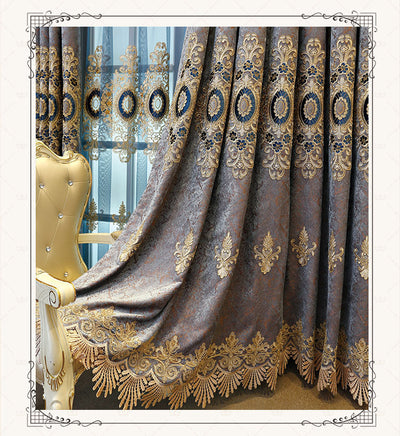 Blue sheer curtain with intricate gold and dark blue embroidery in a European classical style, draped over a window. - Image 17