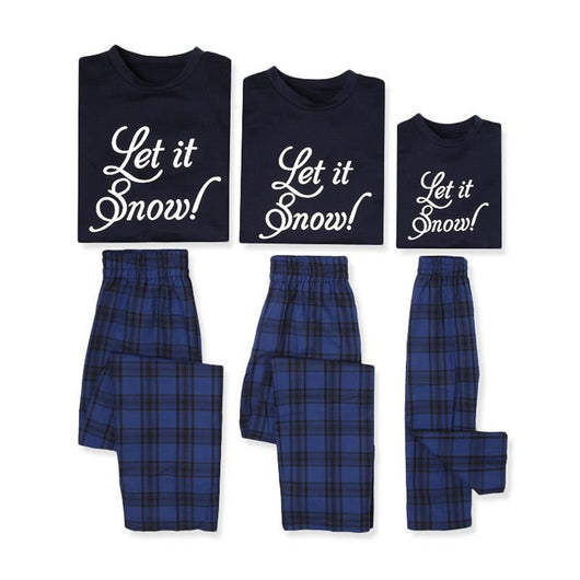 Dark blue long-sleeve pajama set with "Let it Snow!" script top and blue and black plaid pants. - Image 9