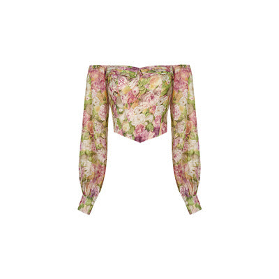 Blusa de Gasa Floral Francesa con Hombros Descubiertos y Mangas Largas