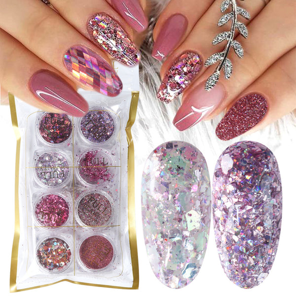 Set de 8 Cajas de Polvo Glitter para Diseño de Uñas