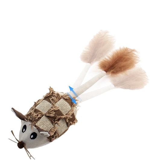 Plush mouse cat toy with a textured brown and beige body, embroidered eyes, string whiskers, and a fluffy feather tail. - Image 12