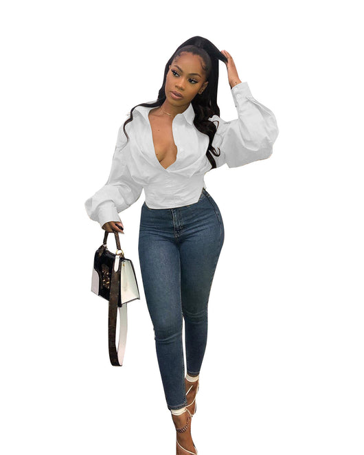 Blusa Elegante de Manga Linterna Ajustada en Color Sólido - Image 17