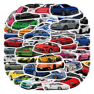50 JDM car stickers featuring various modified racing and cartoon graffiti designs of sports cars and sedans. - Image 6