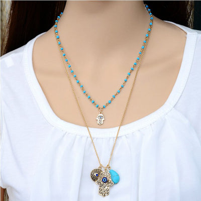 Collar Bohemio Doble Capa con Perlas de Arroz, Turquesa y Palma de Fátima - Image 9
