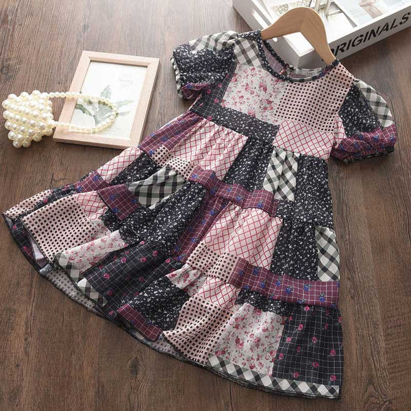 Vestido Infantil Estampado Patchwork Manga Corta