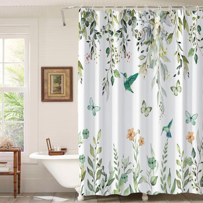 White shower curtain with a vibrant green botanical leaf print, hanging in a bright, modern bathroom. - Image 3