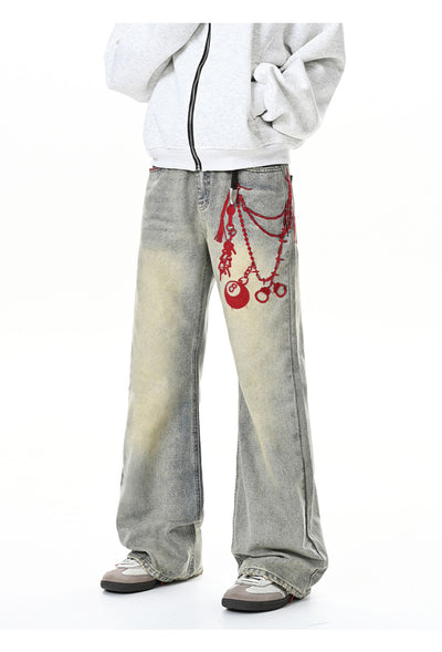 Pantalones Holgados con Bordado Vintage y Cierre - Image 8