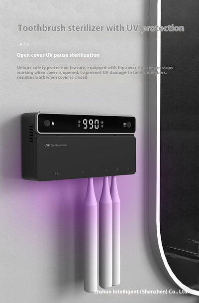 Black wall-mounted UVC toothbrush sterilizer with digital display, holding one manual and three electric toothbrushes. - Image 2