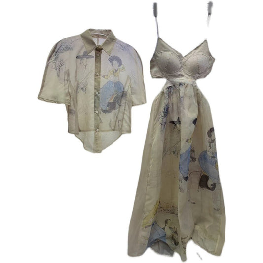 Conjunto Artesanal Dos Piezas: Blusa Chifón Pintada a Mano con Falda Suspender Cintura Alta