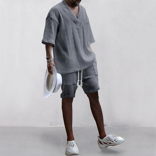 Conjunto de 2 Piezas Hombre: Playera Jacquard Cuello V Manga Corta + Shorts con Bolsillos - Image 15