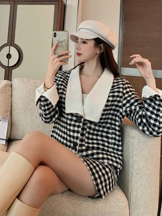 Conjunto Elegante de Abrigo y Falda de Lana Retro