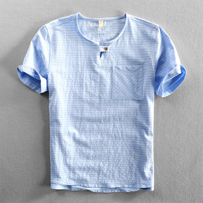 Camiseta Hombre Algodón Rayas Cuello Abierto Manga Corta Suelta Casual - Image 11