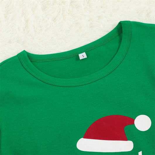 Family Christmas pajamas set with green long-sleeve tops featuring an elf print and 'HAPPY HOHOHO TO YOU' text, paired with red and white striped bottoms. - Image 8