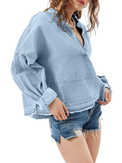 Blusa Denim Holgada de Cuello V y Manga Larga Versátil - Image 27