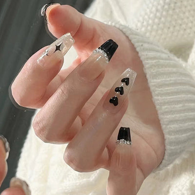 Parches de Uñas Artísticas Negras Largas Pintadas a Mano - Image 3