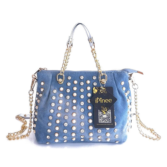 Bolso Mensajero Vaquero con Diamantes y Diseño Asimétrico