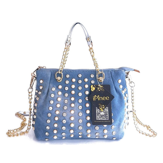 Bolso Mensajero Vaquero con Diamantes y Diseño Asimétrico