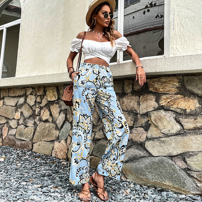 Pantalones Rectos Casuales para Mujer con Estampado Floral y Cordones - Image 2