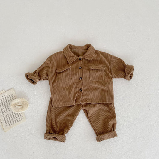 Conjunto de Abrigo y Pantalón Pana para Bebé Niño y Niña - Cuello Solapa Primavera Otoño