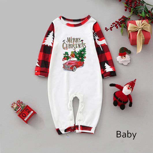 Matching family Christmas pajamas in red and black buffalo plaid with a vintage car, snowman, and 'Merry Christmas' graphic. - Image 6