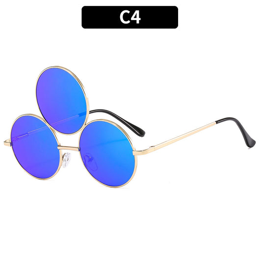 Red lens round sunglasses with a gold metal frame and an extra small round lens above the left eye. - Image 12