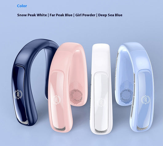 Light blue U-shaped neck fan with a digital display showing 100% charge and multiple air vents. - Image 34