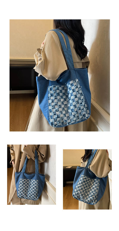 Bolsa Tote de Mezclilla Lavada con Patrón Escocés y Gran Capacidad - Image 16