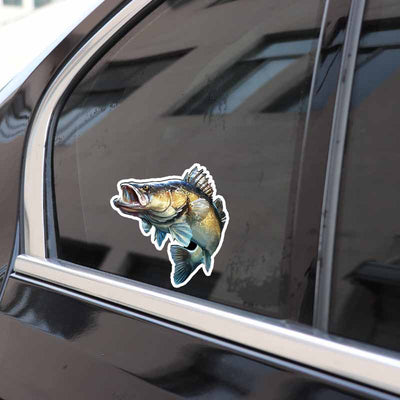 Bass fish reflective outdoor fishing car sticker with an open mouth, featuring blue, green, and brown tones. - Image 6